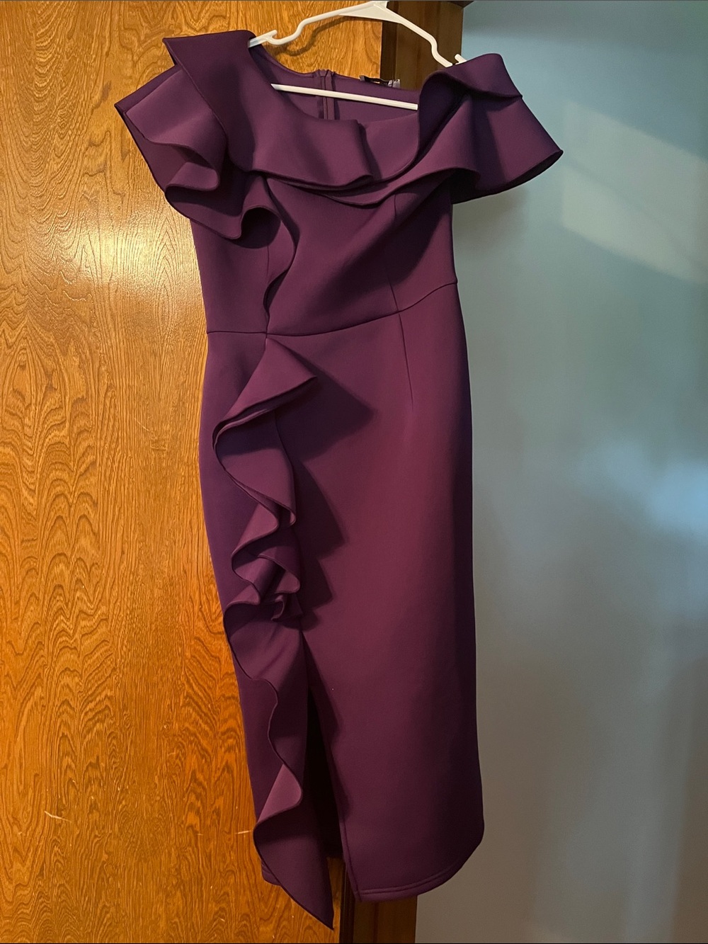 Off-Shoulder Ruffle Midi Dress in Deep Purple